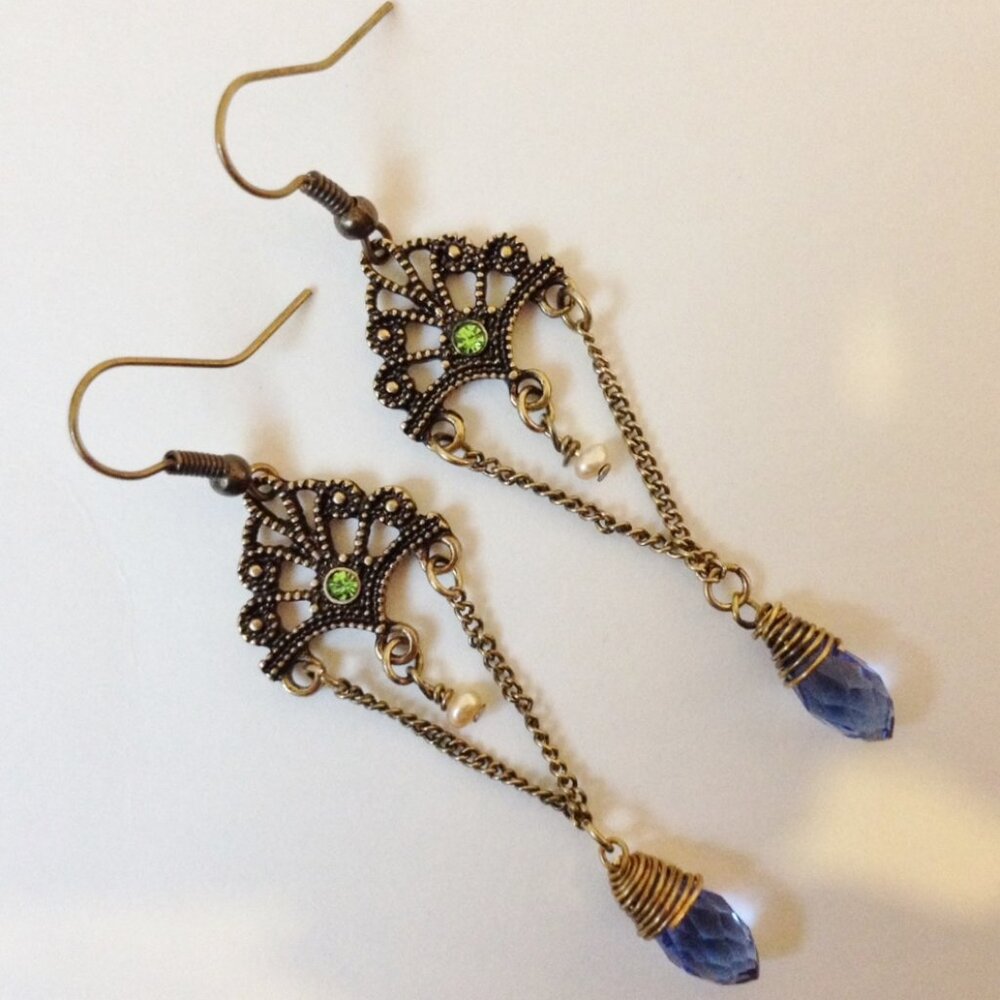 Rhinestone Beaded Earrings Antique Gold Tone Metal Chain Pearl Blue Handmade New